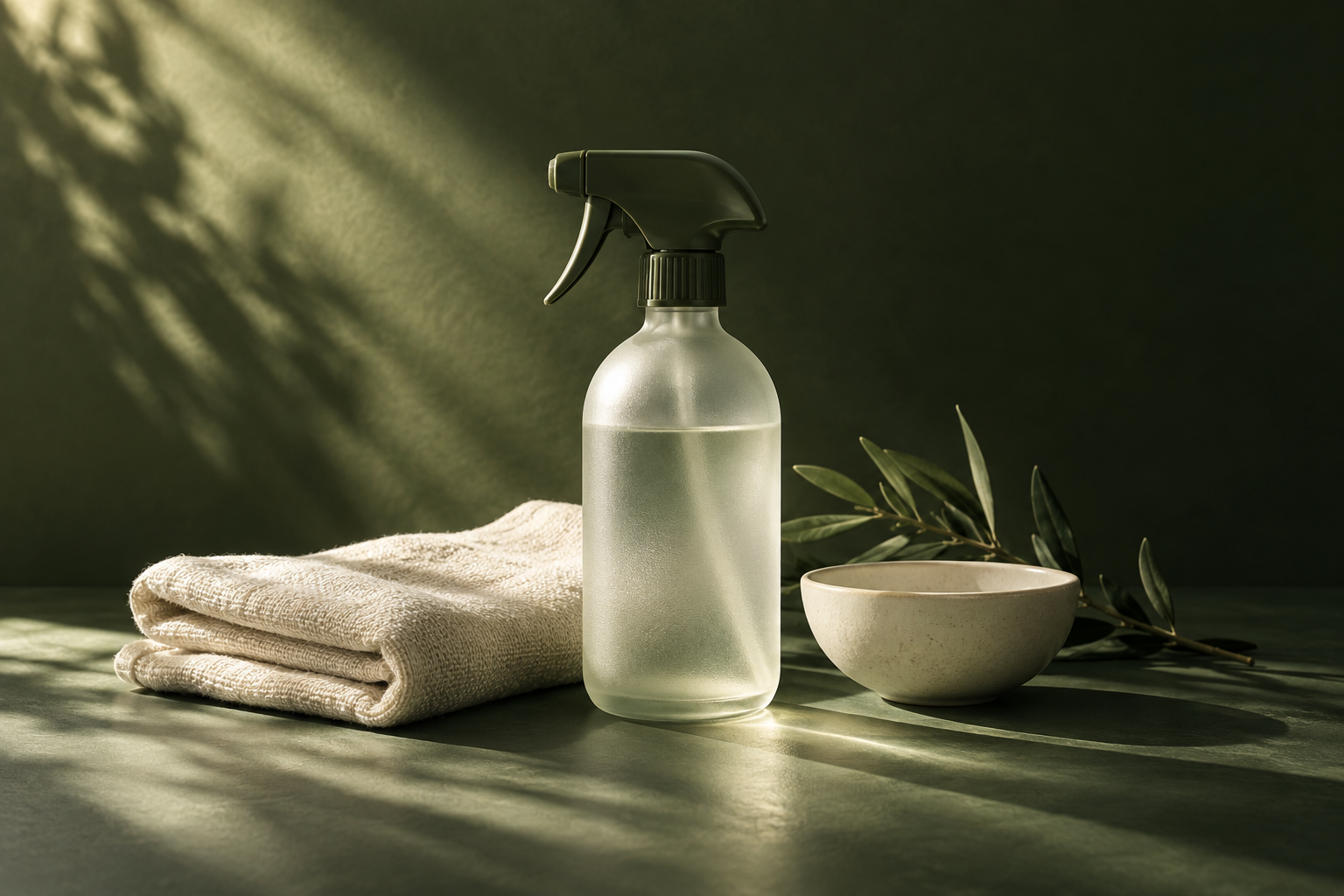 Folded linen and a frosted cleaning bottle in afternoon light